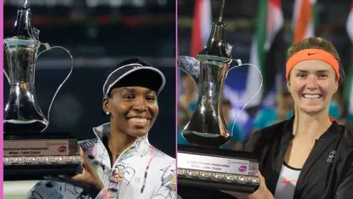 Venus Williams and Elina Svitolina with the Dubai trophy