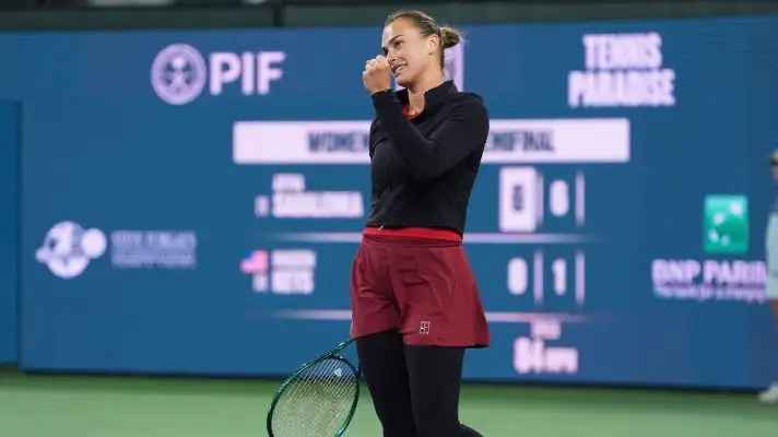 Aryna Sabalenka celebrates reaching her second Indian Wells final.