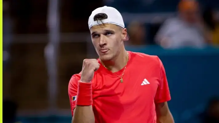 Pictured: Jakub Mensik celebrates during a match.