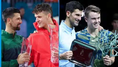 Novak Djokovic & Jakub Mensik at the 2025 Miami Open, Djokovic & Holger Rune at the 2022 Paris Masters.