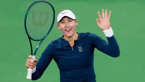 Mirra Andreeva celebrates after a match win.