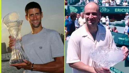 Novak Djokovic and Andre Agassi with the Miami Open trophy