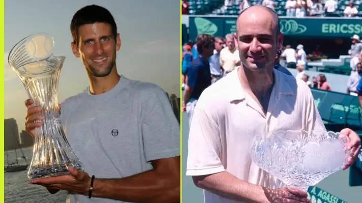 Novak Djokovic and Andre Agassi with the Miami Open trophy