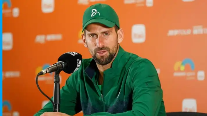 Novak Djokovic speaks at a press conference at the Miami Open