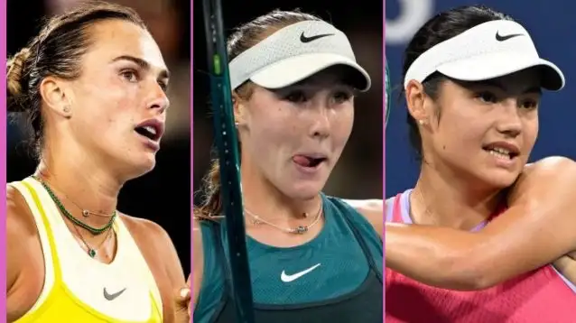 L-R: Aryna Sabalenka, Mirra Andreeva, and Emma Raducanu.