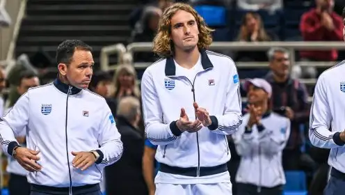 Pictured: Stefanos Tsitsipas and coach Dimitris Chatzinikolaou.