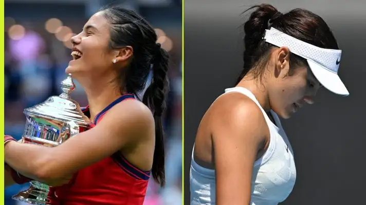 Emma Raducanu after her US Open win and a defeat.
