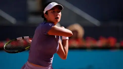 Pictured: Alex Eala hits a backhand at the 2025 Madrid Open.