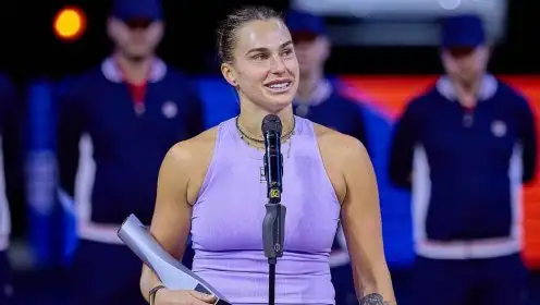 Aryna Sabalenka speaks during a trophy ceremony