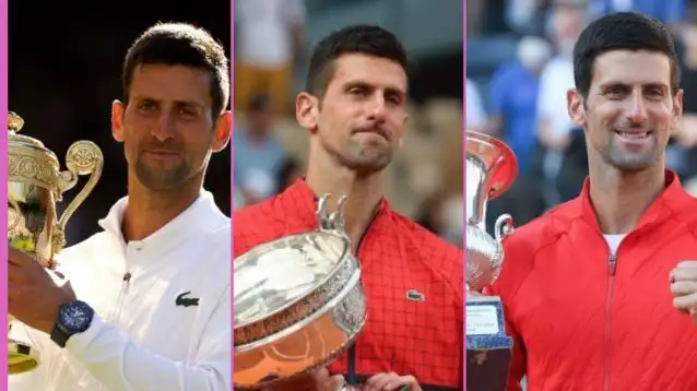 L-R: Novak Djokovic at Wimbledon, Roland Garros, and the Italian Open.