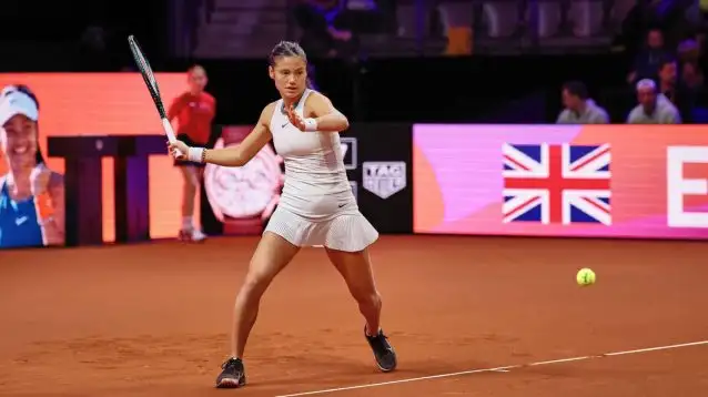 Emma Raducanu hits a forehand at the 2024 Porsche Tennis Grand Prix.