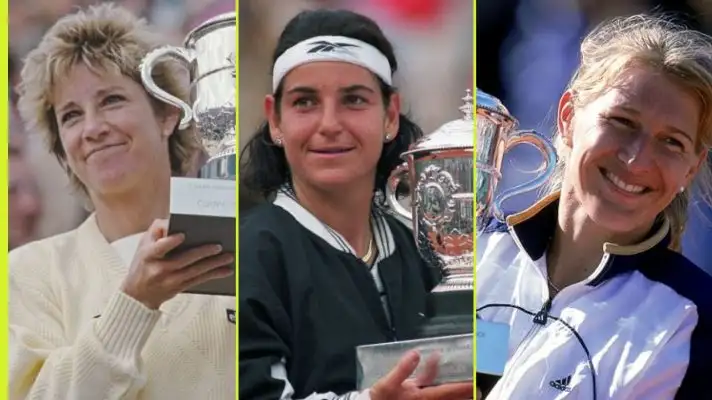 L-R: Chris Evert, Arantxa Sanchez Vicario, and Steffi Graf.