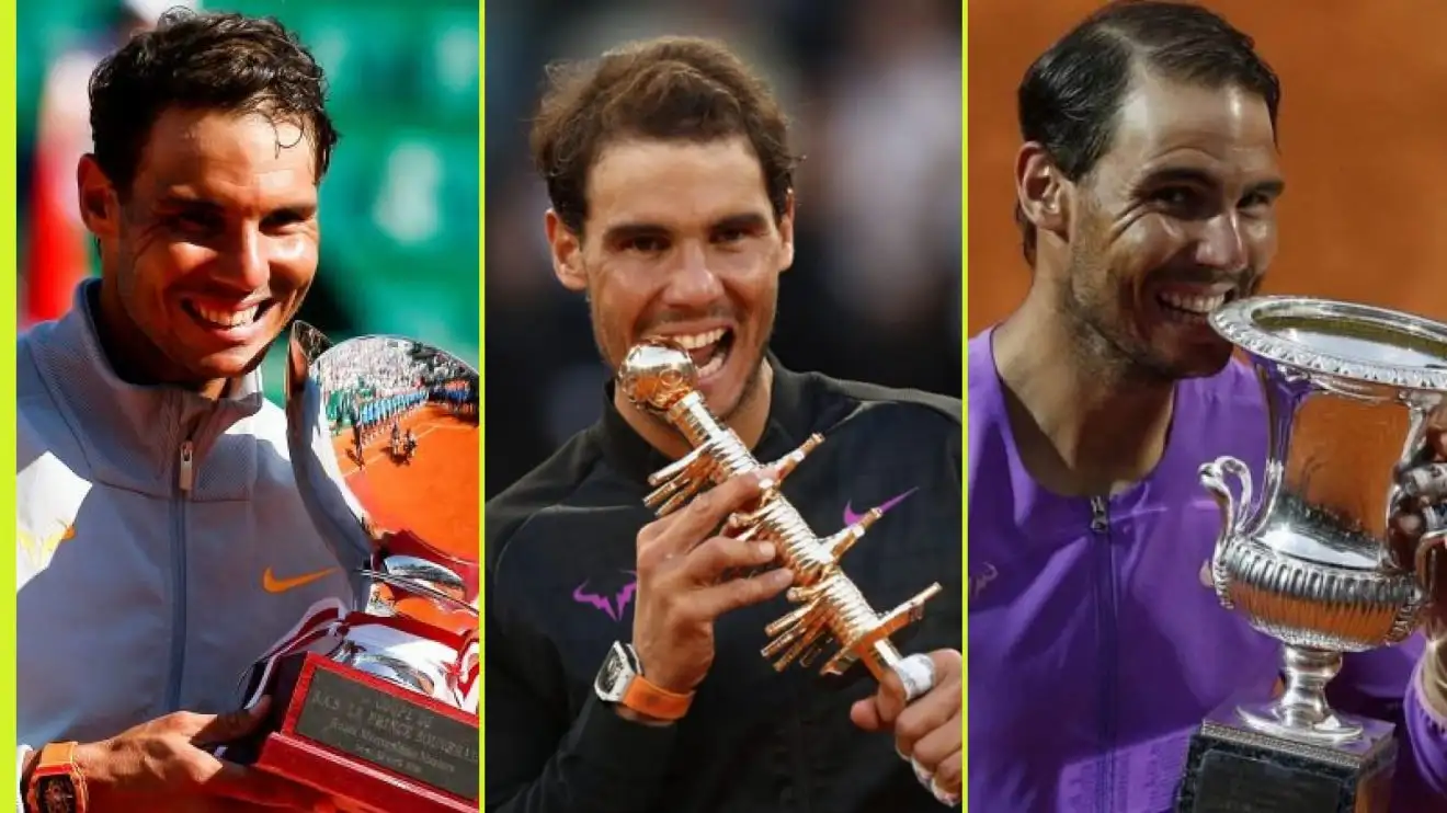 L-R: Rafael Nadal in Monte Carlo, Madrid, and Rome.