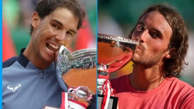 L-R: Rafael Nadal and Stefanos Tsitsipas with the Monte Carlo title.