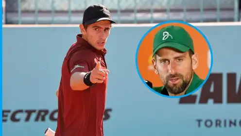 Pictured: Matteo Arnaldi and Novak Djokovic.