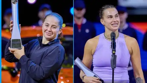 L-R: Jelena Ostapenko and Aryna Sabalenka in Stuttgart.