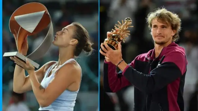 L-R: Aryna Sabalenka and Alexander Zverev lift the Madrid Open title.