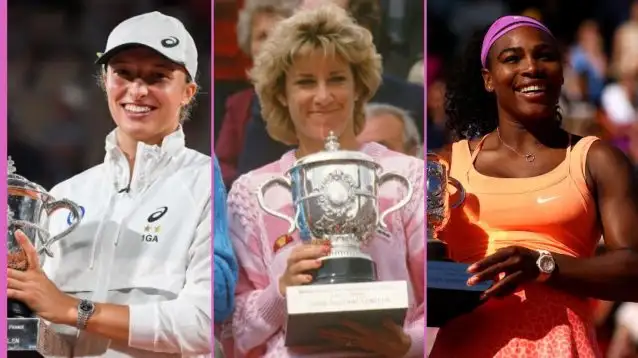 L-R: Iga Swiatek, Chris Evert, and Serena Williams.