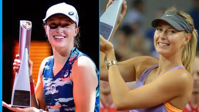 Pictured: Iga Swiatek and Maria Sharapova with the Stuttgart Open trophy.