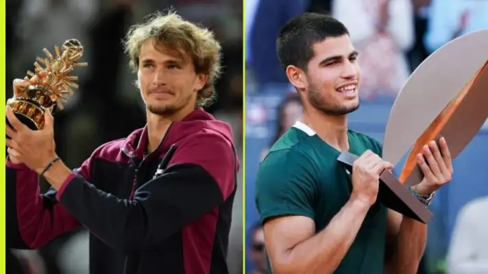 Pictured: Alexander Zverev and Carlos Alcaraz at the Madrid Open.