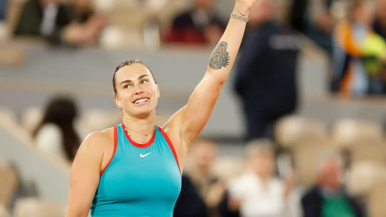 Pictured: Aryna Sabalenka celebrates after a win.