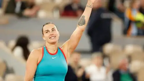 Pictured: Aryna Sabalenka celebrates after a win.