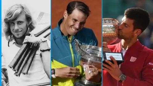 L-R: Bjorn Borg, Rafael Nadal, and Novak Djokovic.