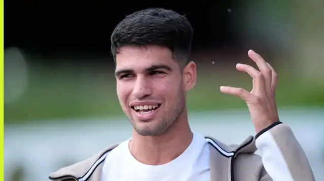 Pictured: An animated Carlos Alcaraz