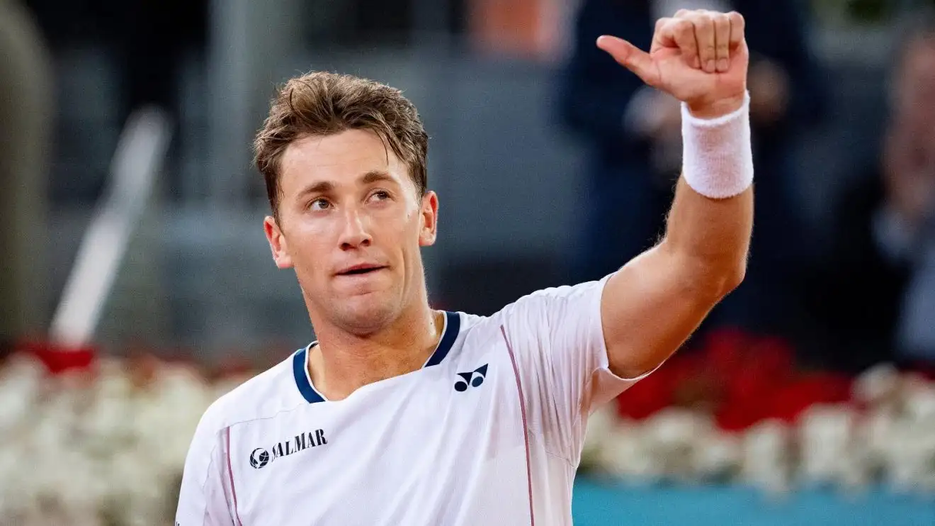 Pictured: Casper Ruud celebrates after a win.