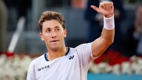 Pictured: Casper Ruud celebrates after a win.