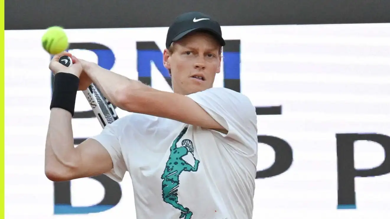 Pictured: Jannik Sinner plays a backhand