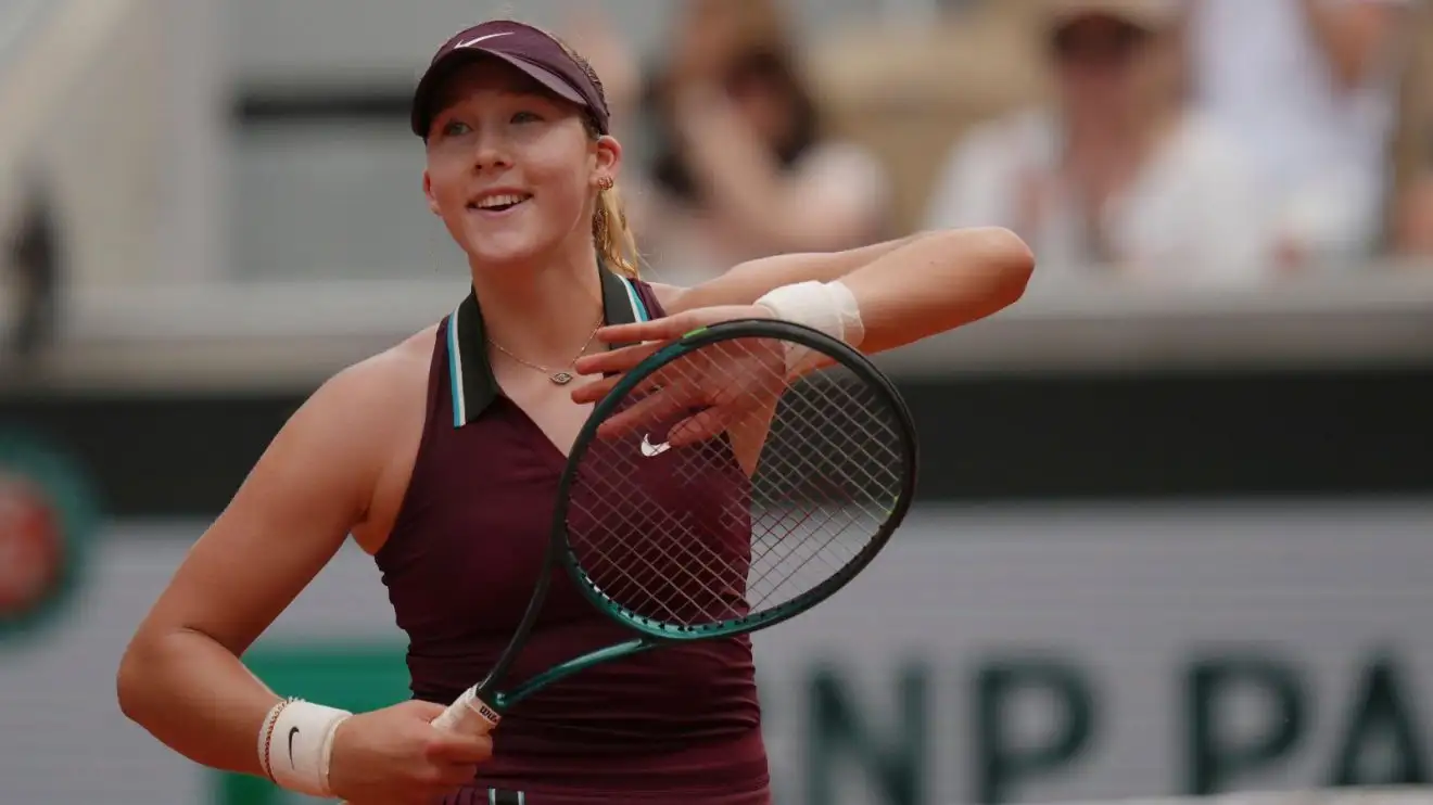 Pictured: Mirra Andreeva celebrates a win.