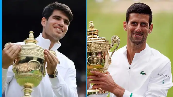 L-R: Wimbledon champions Carlos Alcaraz and Novak Djokovic.