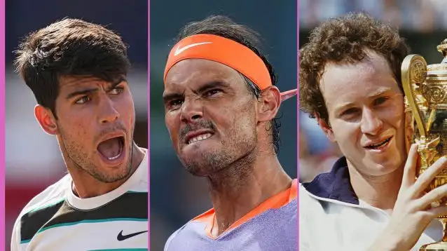 L-R: Carlos Alcaraz, Rafael Nadal, and John McEnroe.