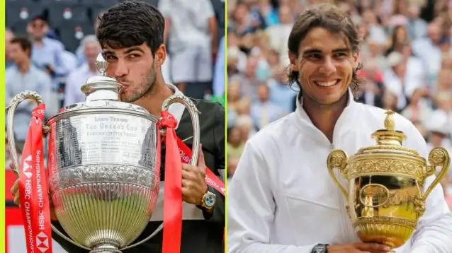 L-R: Carlos Alcaraz at Queen's, Rafael Nadal at Wimbledon.