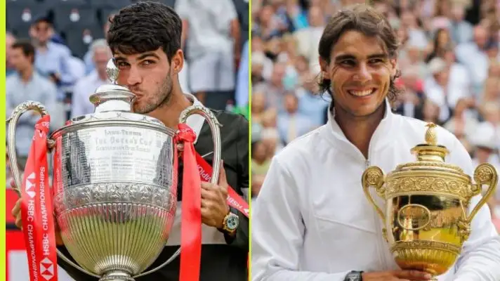 L-R: Carlos Alcaraz at Queen's, Rafael Nadal at Wimbledon.