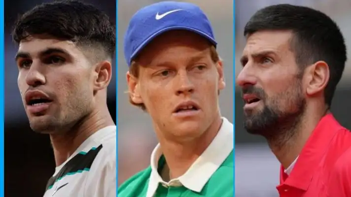 L-R: Carlos Alcaraz, Jannik, Sinner, and Novak Djokovic.