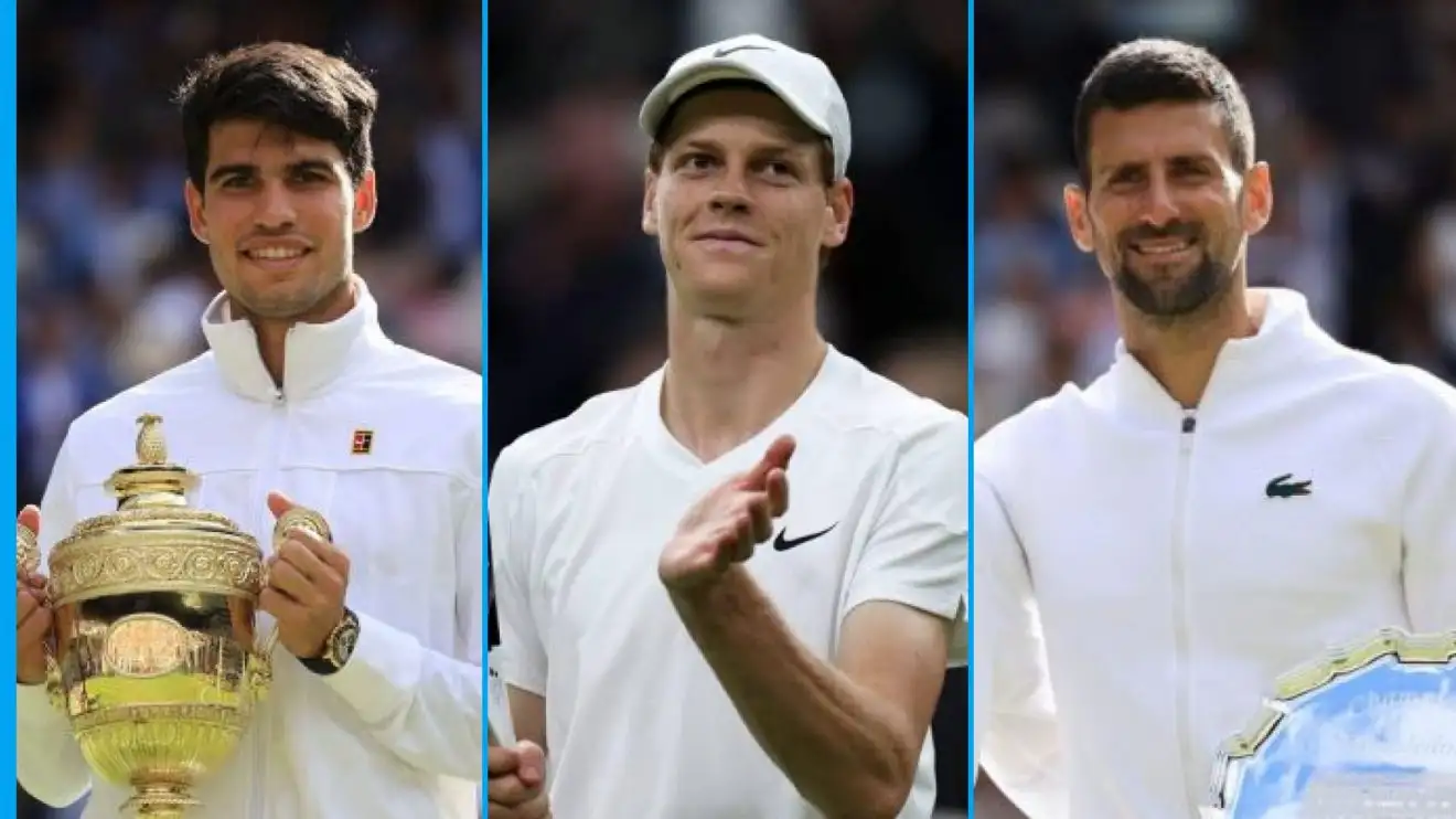 L-R: Carlos Alcaraz, Jannik Sinner, and Novak Djokovic at Wimbledon.