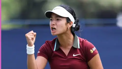 Alex Eala celebrates during a match.