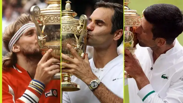 L-R: Bjorn Borg, Roger Federer, and Novak Djokovic.