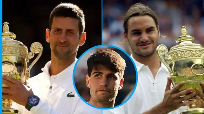 Novak Djokovic, Roger Federer, and Carlos Alcaraz.