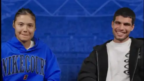 Pictured: Emma Raducanu and Carlos Alcaraz in a US Open video.