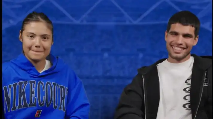 Pictured: Emma Raducanu and Carlos Alcaraz in a US Open video.