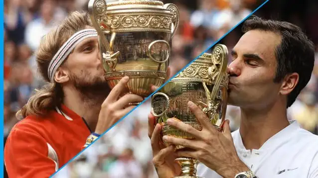 L-R: Bjorn Borg and Roger Federer kiss the Wimbledon title.