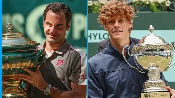 L-R: Roger Federer and Jannik Sinner at Halle.