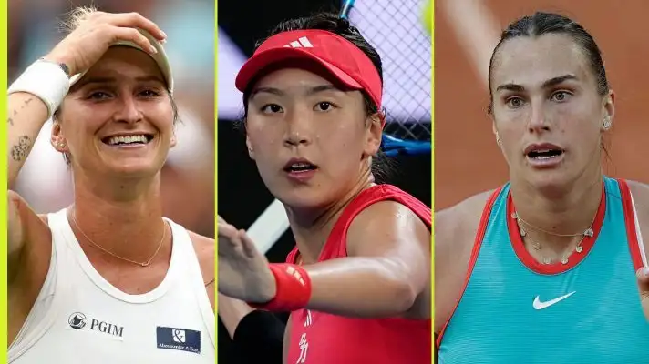L-R: Marketa Vondrousova, Wang Xinyu, and Aryna Sabalenka.