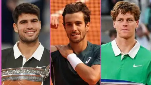 L-R: Carlos Alcaraz, Lorenzo Musetti, and Jannik Sinner.