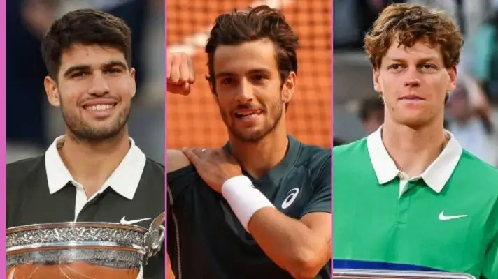 L-R: Carlos Alcaraz, Lorenzo Musetti, and Jannik Sinner.