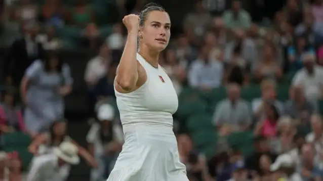 Aryna Sabalenka celebrates during a match.