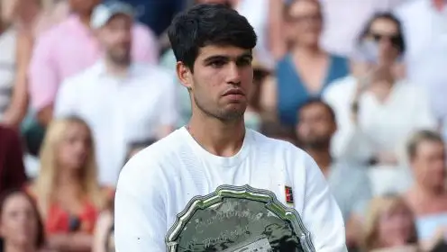 Pictured: Carlos Alcaraz holds the Wimbledon runner-up trophy